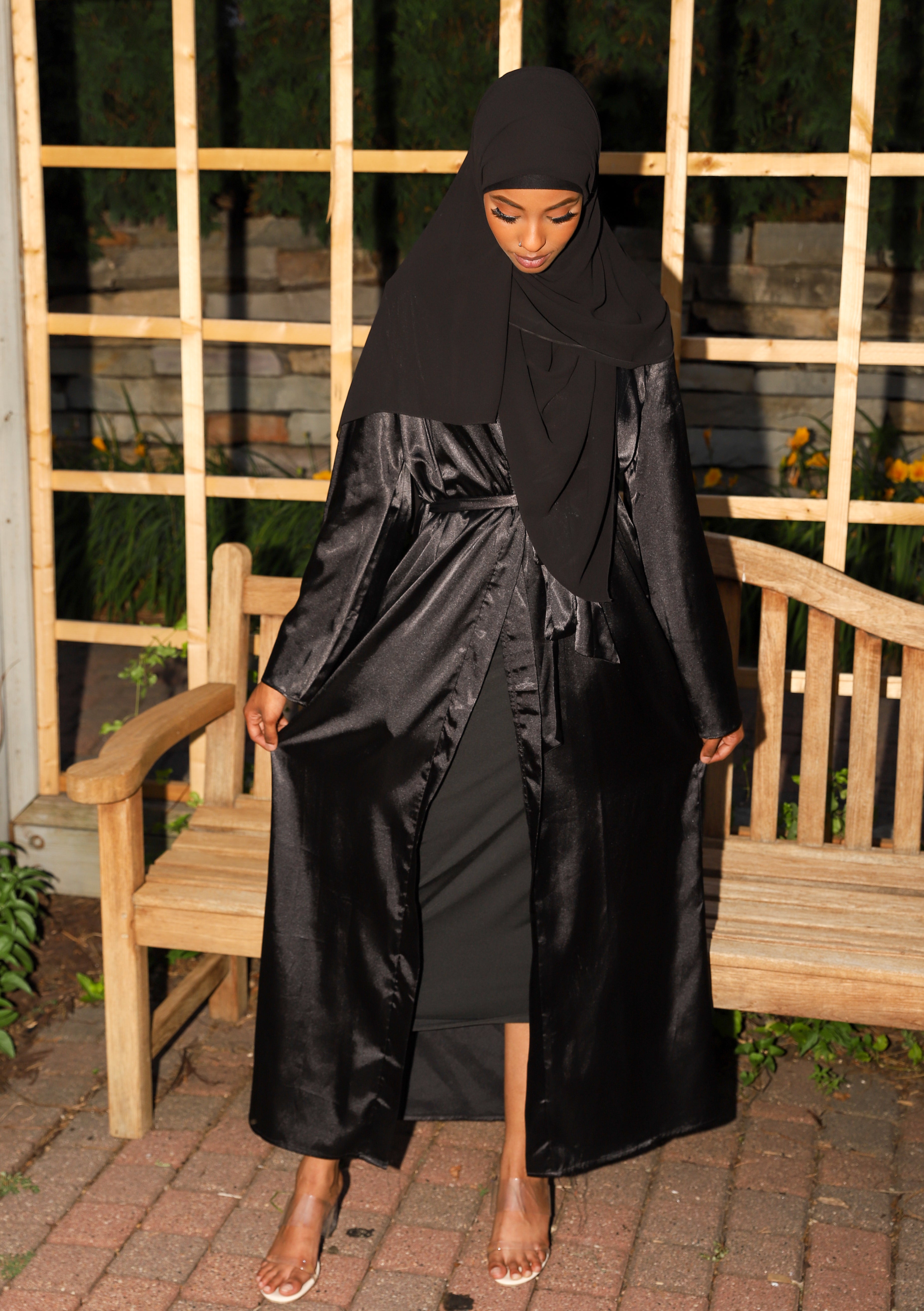 Black Satin Open Abaya